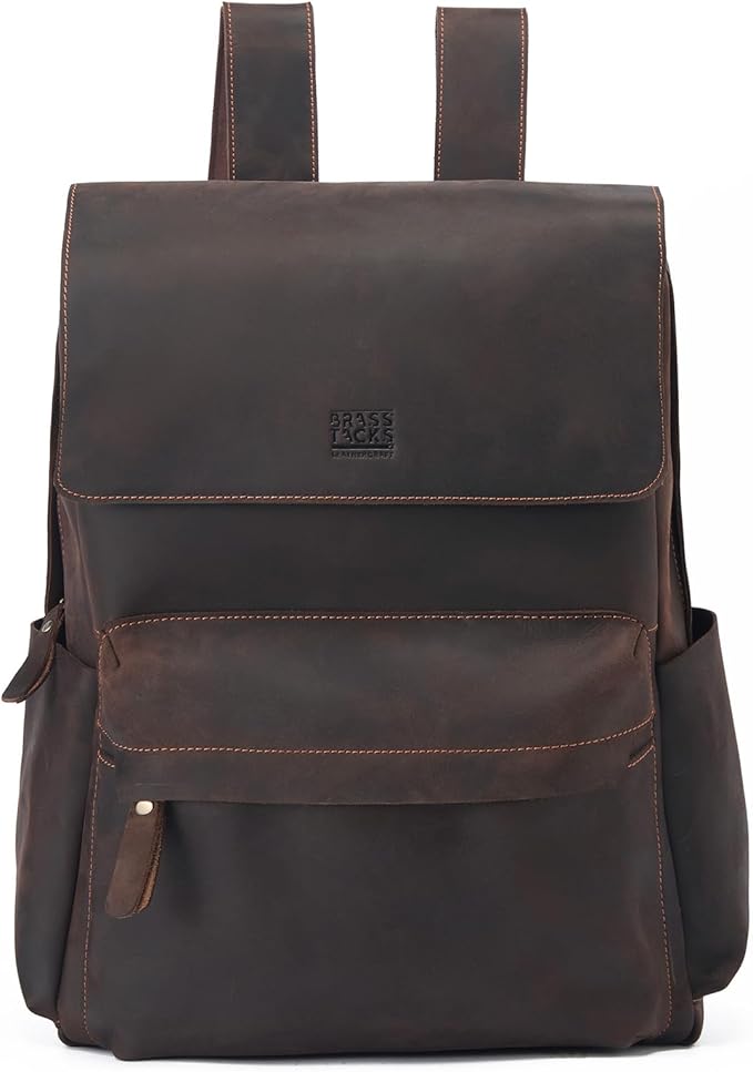 Leather Rucksack Backpack for Men Women Casual Travel Daypack 15.6 inch Laptop Bookbag Dark Brown