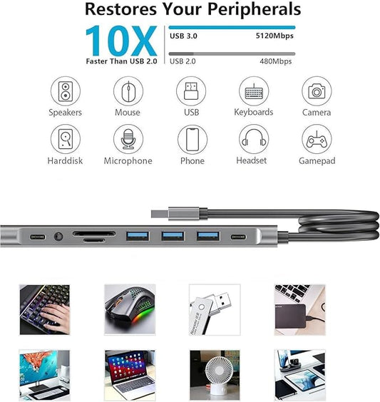 USB Hub Long Cable, 9 Ports USB 3.0 Adapter with 4 USB 3.0 Data Ports,SD/TF Card Slot,3.5mm Jack,USB-C Data,USB Splitter with USB C 5V/3A Power Port, 47IN/120CM Main Cable for Laptop PC