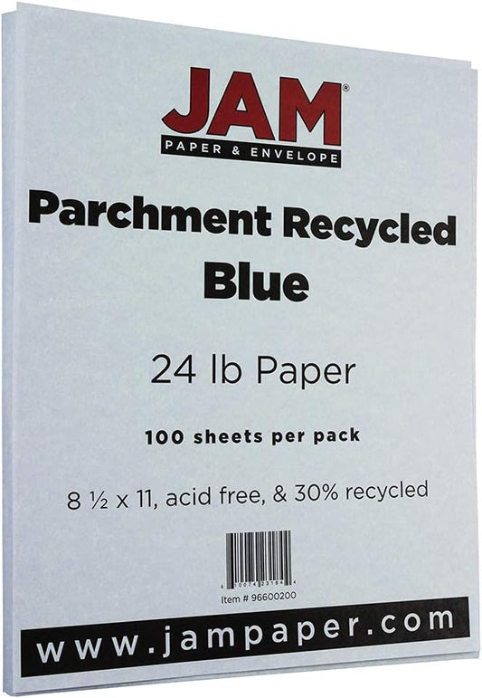 JAM PAPER Parchment 24lb Paper - 90 gsm - 8.5 x 11 - Blue Recycled - 50 Sheets/Pack