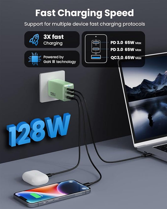 128W USB C Wall Charger,GaN III 3-Port Fast Charging Station,PD QC Foldable Charger Block Portable 65W Laptop Adapter for MacBook Pro/Air,iPad Pro,Galaxy S23,Dell XPS 13,iPhone 17/16/Pro etc