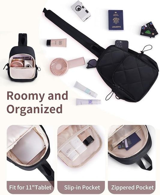 Wandering Nature Sling Bag for Women Lightweight Quilted Crossbody Bag Fits for 11" Tablet with Breathable Back Panel Anti Theft Pocket Padded Strap USB Charge Port, Ideal for Travel, Daily Use