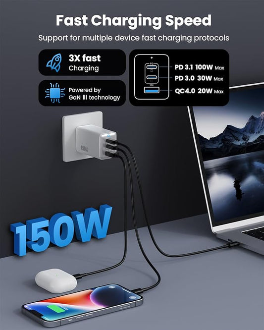 150W USB C Charger Block,GaN III Compact Foldable Wall Charger 3 Port Fast Charging Station,PD QC PPS Portable USB C Hub 100W Laptop Adapter for MacBook Pro/Air,iPad,iPhone 16/Pro,Galaxy S24,Dell etc