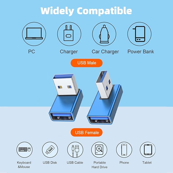AreMe 90 Degree USB 3.0 Adapter 4 Pack, Up and Down Angle, Left and Right Angle USB A Male to Female Converter Extender for PC, Laptop, USB A Charger, Power Bank and More (Blue)