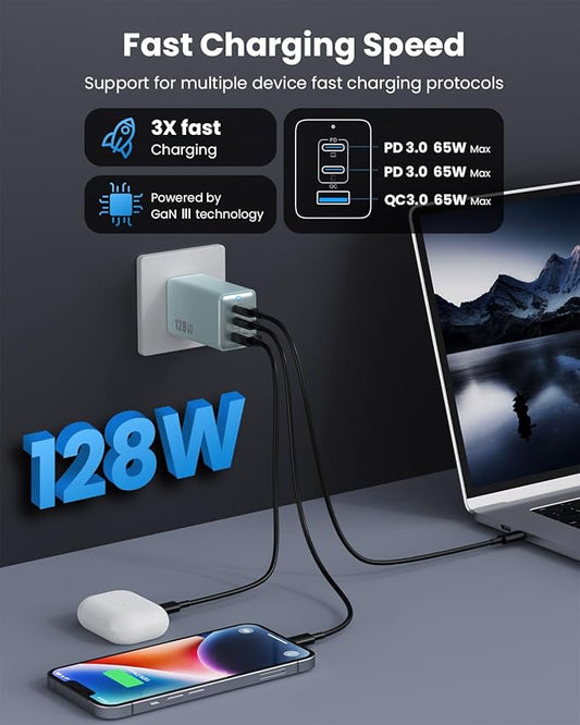 128W USB C Wall Charger,GaN III 3-Port Fast Charging Station,PD QC Foldable Charger Block Portable 65W Laptop Adapter for MacBook Pro/Air,iPad Pro,Galaxy S23,Dell XPS 13,iPhone 16/15/Pro etc