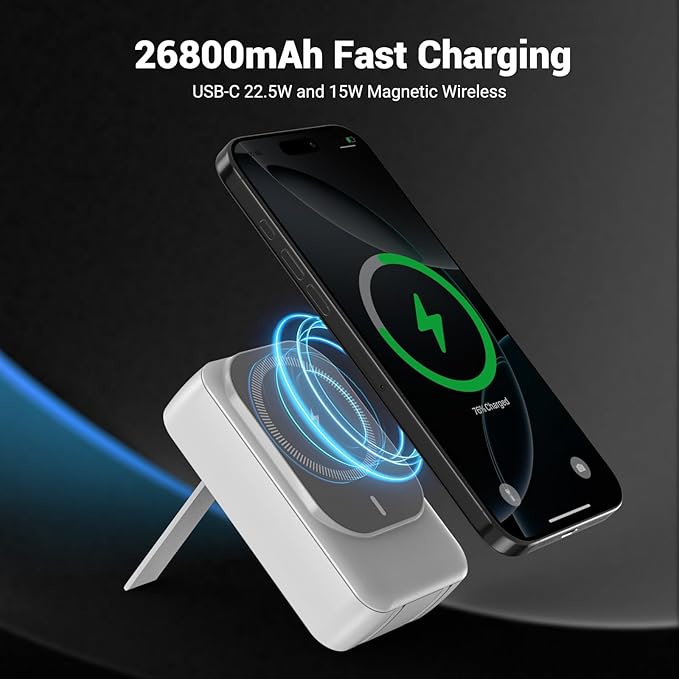 Magnetic Wireless Power Bank 26800mAh, PD 22.5W Type-C Fast Charging Portable Charger 5 Outputs, Battery Pack for Magsafe Built in Cables with Stand LED Display for iPhone 16/15/14/13/12 Series-White