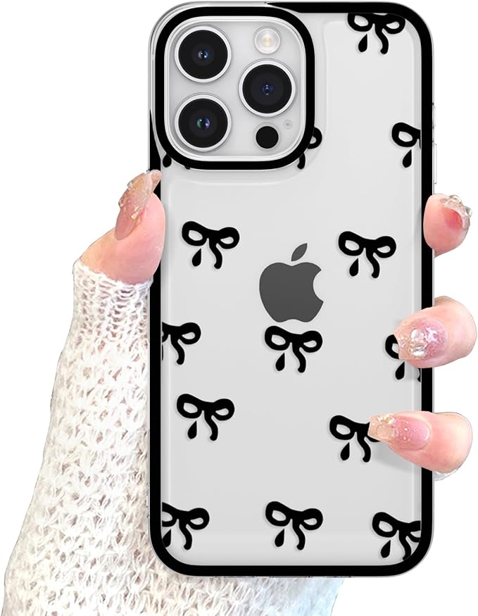 EYZUTAK Case for iPhone 13 Pro Max, Clear Cute Ribbon Bowknot Pattern Aesthetic Transparent Phone Case Raised Camera Protection Stylish Slim Soft Durable TPU Protective Cover for Women Girls - Black