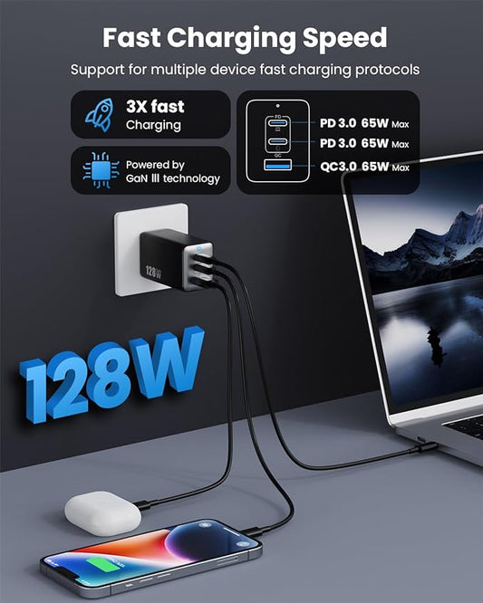128W USB C Wall Charger,GaN III 3-Port Fast Charging Station,PD QC Foldable Charger Block Portable 65W Laptop Adapter for MacBook Pro/Air,iPad Pro,Galaxy S23,Dell XPS 13,iPhone 16/15/Pro etc