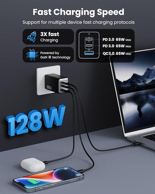 128W USB C Wall Charger,GaN III 3-Port Fast Charging Station,PD QC Foldable Charger Block Portable 65W Laptop Adapter for MacBook Pro/Air,iPad Pro,Galaxy S23,Dell XPS 13,iPhone 17/16/Pro etc