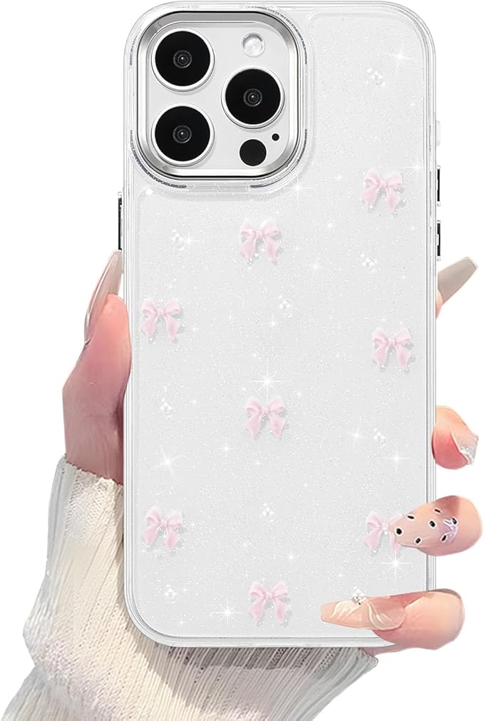 EYZUTAK Case for iPhone 15 Pro Max, Bling Glitter 3D Bowknot Phone Case Cute Sparkly Crystal Clear Bow Aesthetic Design Case Slim Soft Durable TPU Transparent Protective Cover for Women Girl-Pink Bow