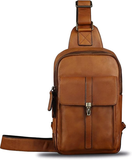 Genuine Leather Sling Bag Casual Shoulder Hiking Backpack Vintage Handmade Crossbody Bag Retro Chest Daypack (Brown)