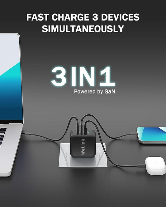 WeLink 100W USB C Charger, GaN PPS 3-Port Fast Compact Foldable USB C Charger Block for MacBook, iPad Pro, Galaxy S24, iPhone 16/15 and More
