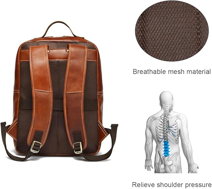 LANNSYNE Vintage Genuine Leather Backpack For Men Fits up to 15" Laptop Travel Hiking Rucksack
