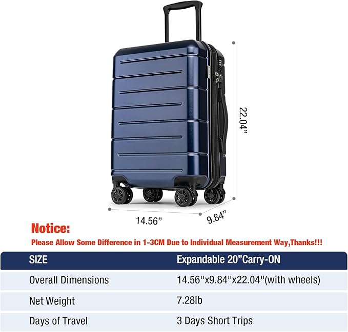 KYME Hardside Expandable Carry On Luggage 22x14x9 Airline Approved 20 Inch Hardshell Carry On Suitcase with Wheels TSA Lock Small Travel Rolling Luggage with Cup Holder for Women Men Navy
