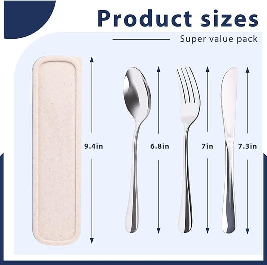 HANSGO 3PCS Portable Utensils Set with Case, Travel Cutlery Set Stainless Steel Utensils Reusable Silverware for Lunch Camping School Picnic Office Dishwasher Safe Beige