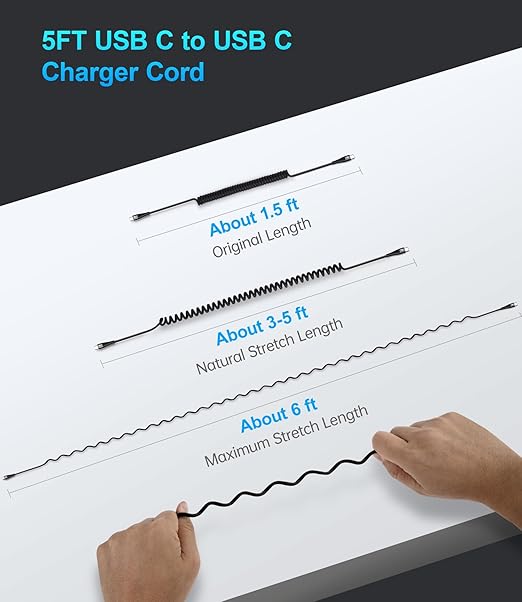 Coiled USB C to C Cable for Car 5FT, USB Type C Charger Cable 100W Short USBC Fast Charging Cable for iPhone 17/16/15/Pro/Plus/Pro Max/Samsung Galaxy S23, Compatible All Type C Devices-Black 2Pack