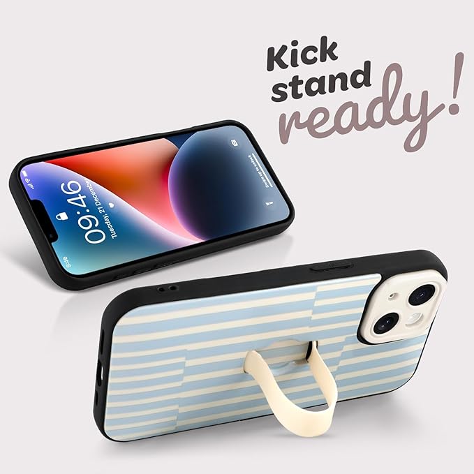 Compatible with iPhone 14 Case with Finger Hand Strap Kickstand, Trendy Cool Striped Phone Case for Women Men, Full Camera Protection Shockproof Protective Cover, White and Blue Stripes