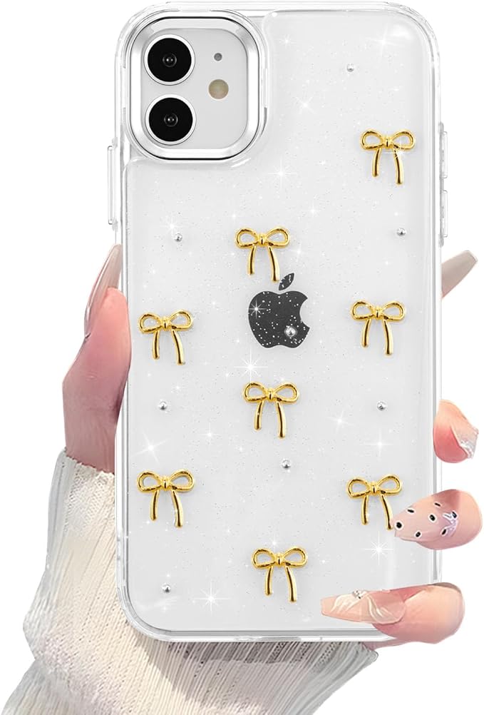 EYZUTAK Case for iPhone 11, Bling Glitter 3D Bowknot Phone Case Cute Sparkly Crystal Clear Bow Aesthetic Design Case Slim Soft Durable TPU Transparent Protective Cover for Women Girls - Gold Bow