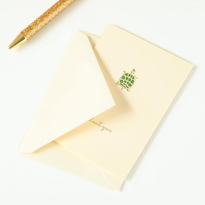 Graphique Turtle La Petite Presse Boxed Thank You Notes - 10 Embossed and Embellished Gold Foil Turtle Thank You Cards with Matching Envelopes, 3.25" x 4.75"