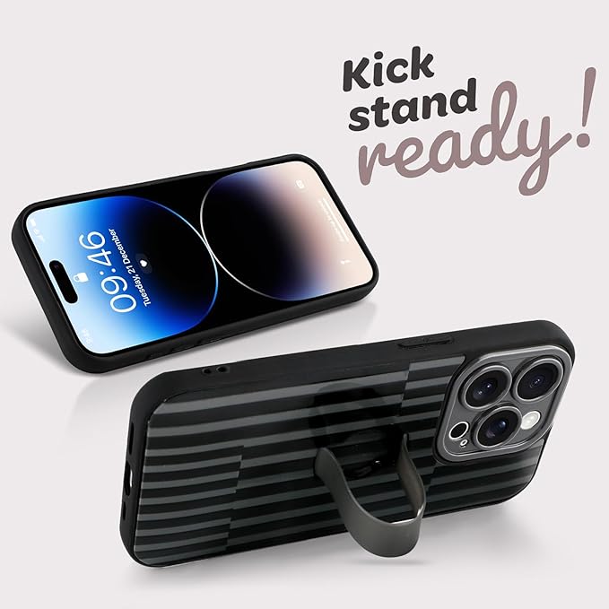 Compatible with iPhone 14 Pro Case with Finger Hand Strap Kickstand, Trendy Cool Striped Phone Case for Women Men, Full Camera Protection Shockproof Protective Cover, Black Stripes