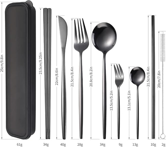 AARAINBOW 8 Pieces Stainless Steel Flatware Set Portable Reusable Cutlery Set Travel Utensils Set Including Chopsticks Knife Fork Spoon Straws Cleaning Brush Dishwasher Safe (Black)