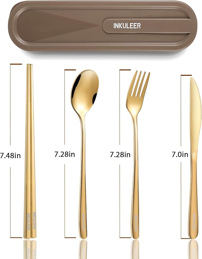 INKULEERTravel cutlery set, 18/8 stainless steel cutlery, Reusable utensils set with case, Portable Silverware Lunch Box for Camping and Office (Rose gold)