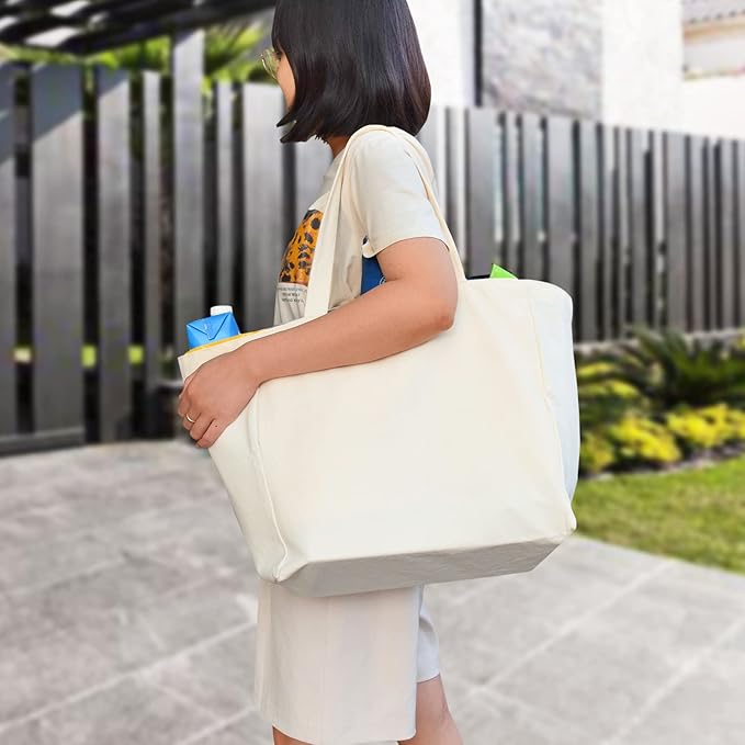 Canvas Reusable Grocery Bags Heavy Duty, 8.3 gal Foldable Large Tote Bag with Handles, Holds 60 lbs & Washable Eco-friendly Bags with 5 Pockets, Off white 1 Bags