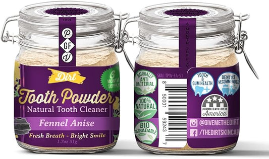 The Dirt - Remineralizing Tooth Powder, Natural Fluoride-Free Teeth Whitening Powder with Hydroxyapatite, Flouride & Gluten Free, Organic Vegan (Fennel Anise, 51g: 6 Month Supply)