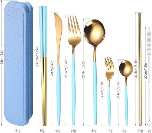 AARainbow 8 Pieces Stainless Steel Flatware Set Portable Reusable Cutlery Set Travel Utensils Set Including Chopsticks Knife Fork Spoon Straws Cleaning Brush Dishwasher Safe (Light blue Golden)