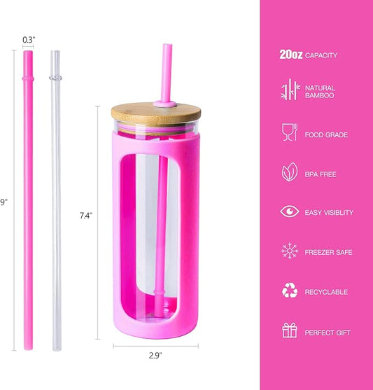 Kodrine 20oz Glass Tumbler with Straw and Lid, Iced Coffee Cups with Bamboo Lids, Glass Cups for Cold Drinks, Smoothie Cup with Silicone Sleeve for Travel, Work, BPA FREE-Rose