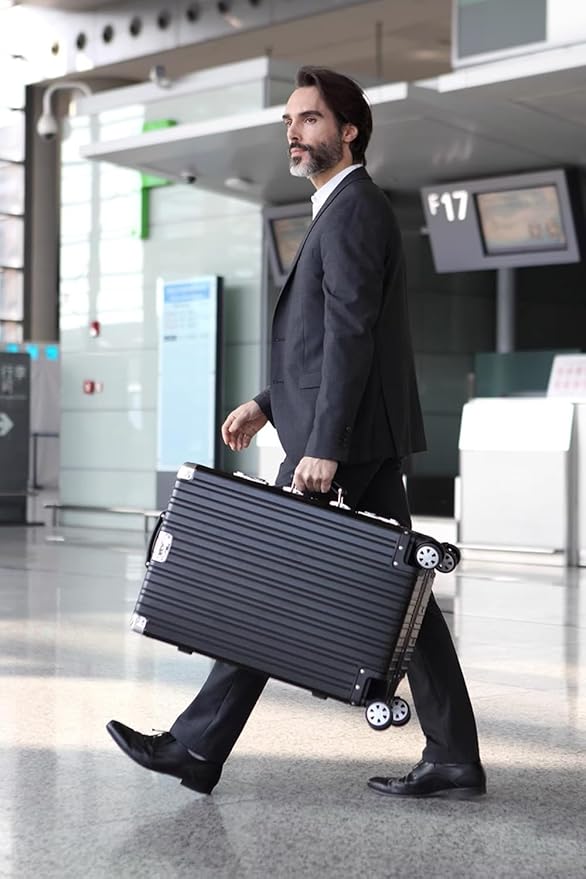 HotWay 20 Inch All Aluminum Carry On Luggage with Leather Handle, Hard Shell Zipperless Suitcase with TSA Locks and Spinner Wheels, Black Travel Luggage (22x14x9 Airline Approved)