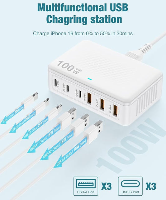 USB C Charger Block, 100W GaN 6 Port Fast USB Charging Station Hub, Wall Charger Power Adapter Plug Cube Brick for Apple iPhone 17 16 15 14 13 12 11 Pro Max/iPad/Pixel/Samsung Galaxy S25 S24,5FT Cord