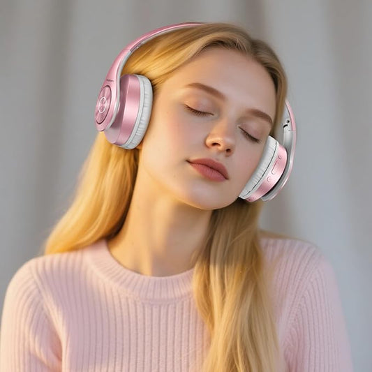 TUINYO Bluetooth Headphones Wireless, Over Ear Stereo Wireless Headset 40H Playtime with deep bass, Soft Memory-Protein Earmuffs, Built-in Mic Wired Mode PC/Cell Phones/TV- Rose Gold