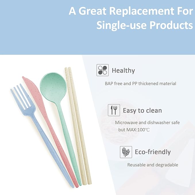 4 Sets Reusable Travel Utensils Set with Case, TWUTGAYW Portable Camping Utensil Set, BPA Free Spoon Knife Fork Chopsticks Tableware for Kids, Plastic Cutlery Set for Lunch Picnic Daily Use(4 Colors)