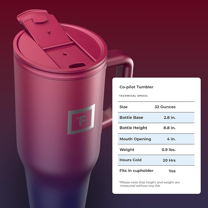 IRON °FLASK Co-Pilot Insulated Mug w/Straw & Flip Cap Lids - Cup Holder Bottle for Hot, Cold Drink - Leak-Proof - Water, Coffee Portable Travel Mug - Dark Rainbow, 32 Oz