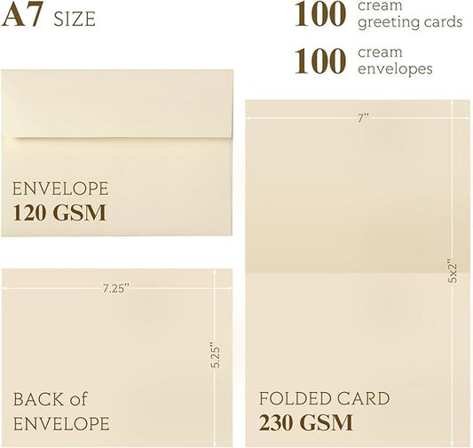 Cream Blank Cards and Envelopes, Goefun 5x7 Folded Ivory Cardstock and A7 Envelopes Self Seal 100 Pack for Wedding, Invitations, DIY Greeting Cardstock, Thank You Cards & All Occasion