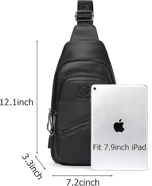 BULLCAPTAIN Mens Leather Sling Bag Backpack Casual Outdoor Shoulder Crossbody Chest Bag with USB Charging Port