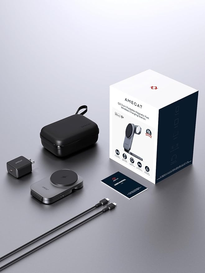 3 in 1 Charging Station, MagFusion Z Foldable Qi2 Certified 15W Wireless Charger Stand Compatible with MagSafe for iPhone 17/16/15/14/13/12, Apple Watch, AirPods (30W PD Charger Included)