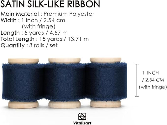 Vitalizart Silk Satin Ribbon 1 Inch x 15 Yard Wooden Spool Navy Blue Handmade Frayed Ribbon for Gift Wrapping Baby Shower Wedding Bridal Bouquets Holiday Decor 3 Rolls x 5 Yard