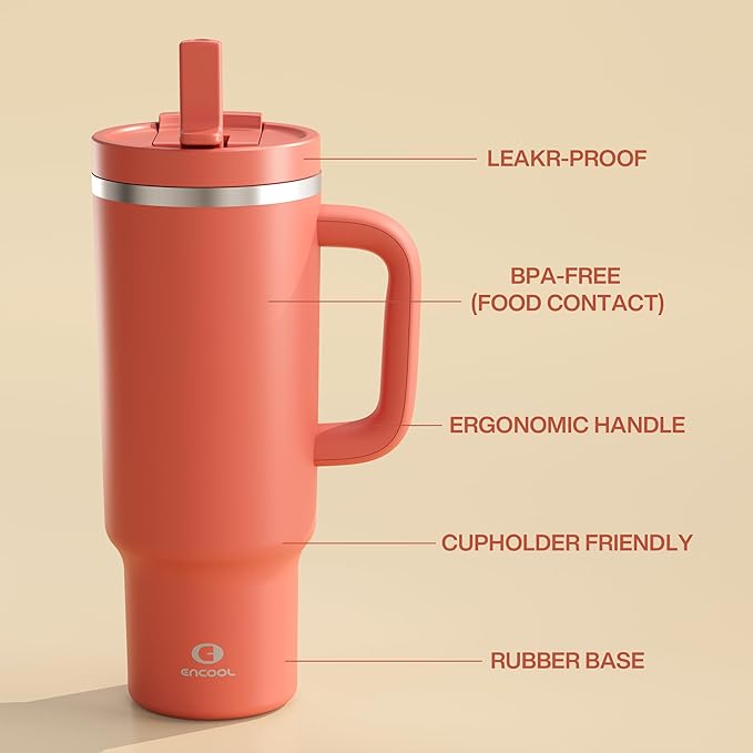 40 oz Tumbler with Handle and Straw: Stainless Steel Insulated Tumbler Keeps Cold for 24 Hours, Leakproof Travel Cup Fits in Cup Holder and BPA-Free, Tawny Orange