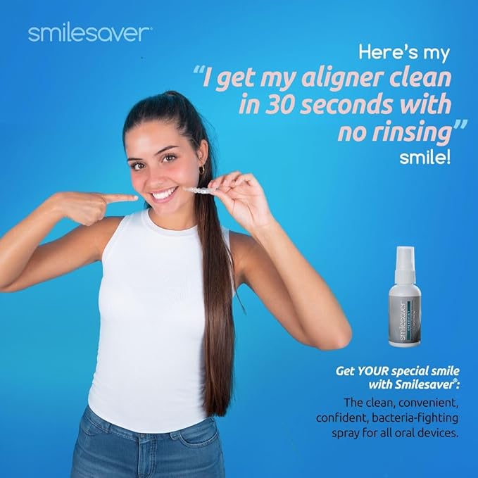 Smilesaver Retainer Cleaner - A Clean Label, Safe, 30 Sec Spray Cleaner for Retainers, Invisalign, Dentures. Minty Taste. Portable. Convenient. No Rinsing. Protects Oral Health. (1oz) (Pack of 6)
