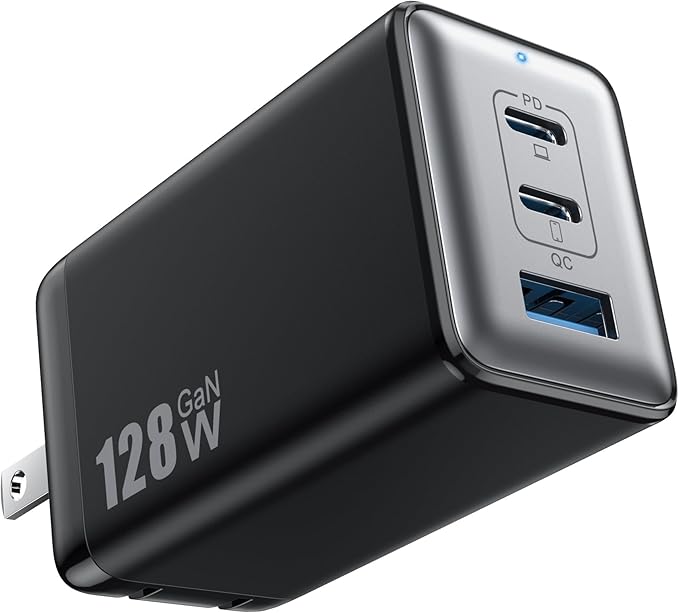 128W USB C Wall Charger,GaN III 3-Port Fast Charging Station,PD QC Foldable Charger Block Portable 65W Laptop Adapter for MacBook Pro/Air,iPad Pro,Galaxy S23,Dell XPS 13,iPhone 16/15/Pro etc