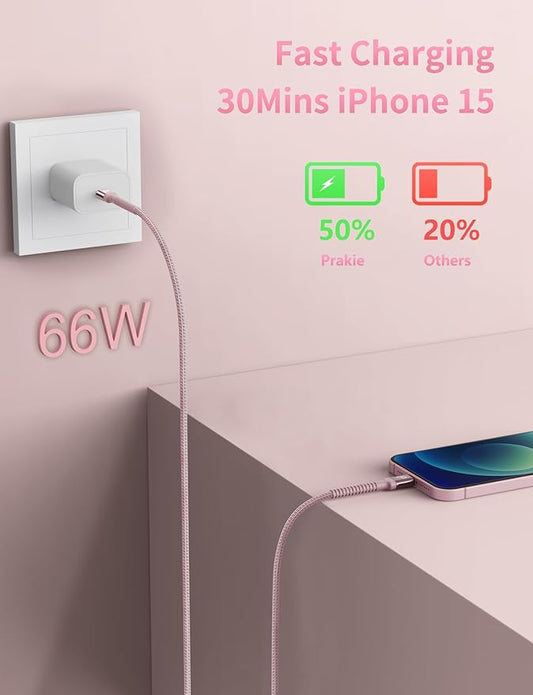 USBC Cables 6FT, 2Pack USB C to C Charger Cable, Long USBC Fast Charging Cable Nylon Braided USB C iPhone Charger Cord Compatible with iPhone 17 16/15/Pro Max/PlusSamsung Galaxy S23/LG/Switch-Pink