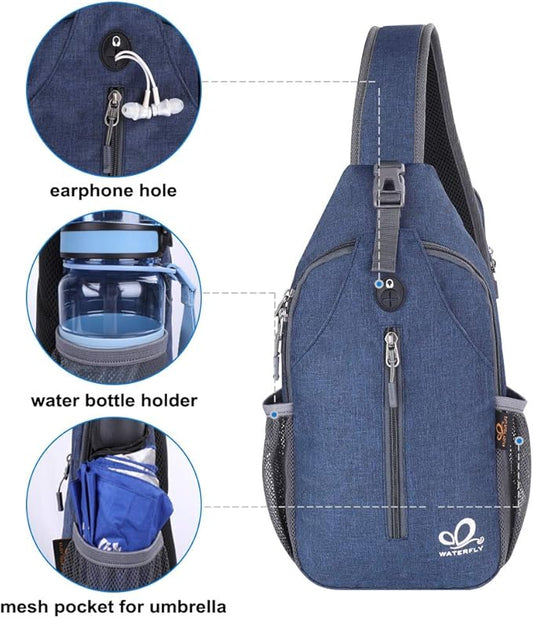 WATERFLY Crossbody Sling Backpack Sling Bag Travel Hiking Chest Bag Daypack