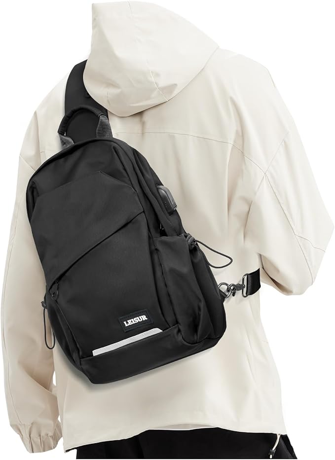 Black Crossbody Sling Backpacks Sling Bag for Men Women, Small Shoulder Backpack Motorcycle Chest Bags One Strap Backpack, Mini Chest Daypack for Casual Travel Hiking Gym Outdoor Sports