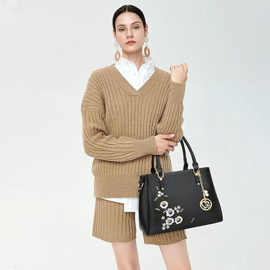 KKXIU Women Satchel Bags Handle Shoulder Handbags and Purses Pockets Zipper Leather Crossbody Bags