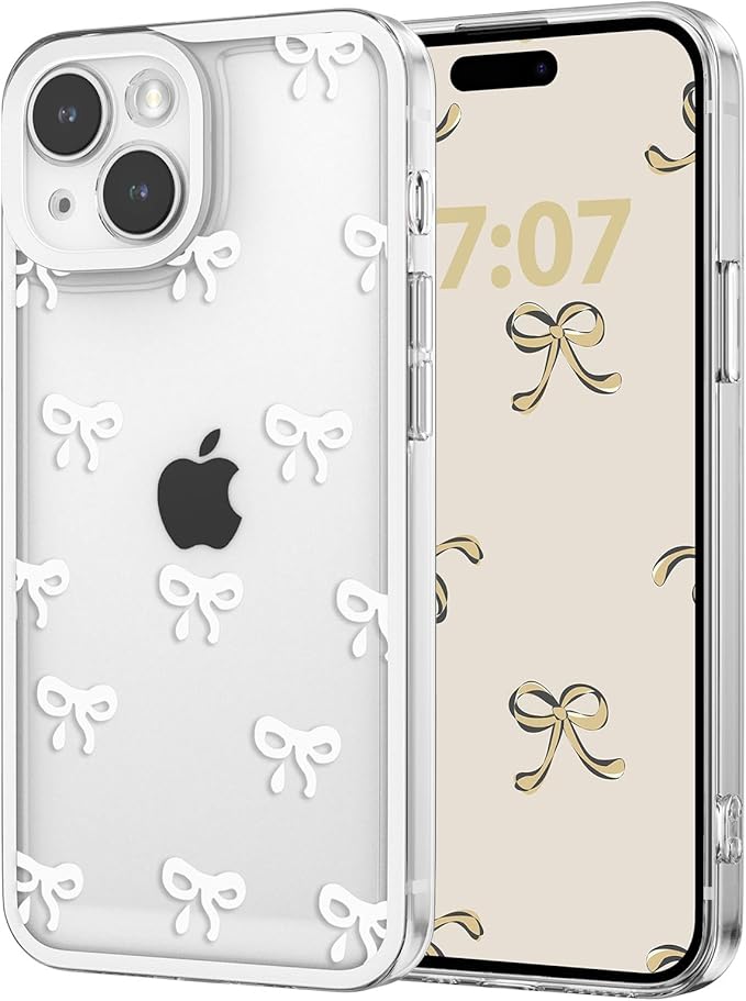 EYZUTAK Case for iPhone 14 Plus, Clear Cute Ribbon Bowknot Pattern Aesthetic Transparent Phone Case Raised Camera Protection Stylish Slim Soft Durable TPU Protective Cover for Women Girls - White
