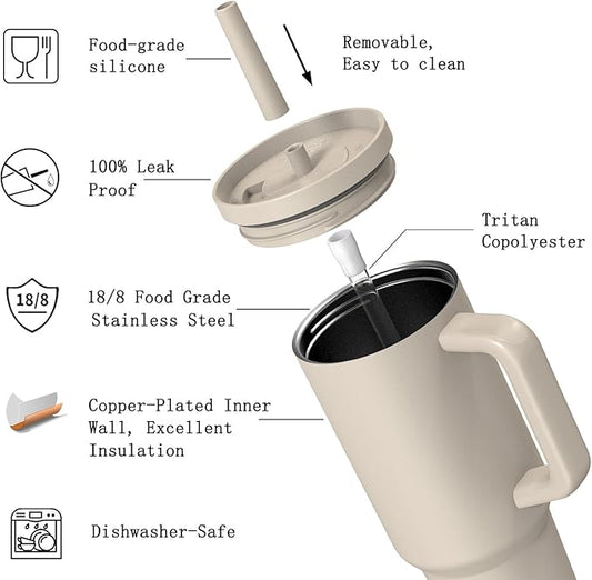 TILUCK 40 oz Tumbler with Handle, Vacuum Insulated Stainless Steel Travel Mug with 100% Leak-Proof Silicone Straw Lid, Cupholder Friendly Water Bottle(MistyGray, 40oz)