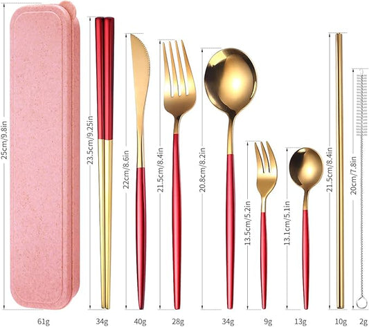 AARAINBOW 8 Pieces Stainless Steel Flatware Set Portable Reusable Cutlery Set Travel Utensils Set Including Chopsticks Knife Fork Spoon Straws Cleaning Brush Dishwasher Safe (Red Golden)