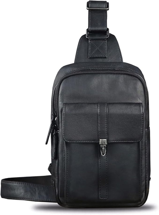 IVTG Genuine Leather Sling Bag Casual Shoulder Hiking Backpack Vintage Handmade Crossbody Bag Retro Chest Daypack (Darkgrey)