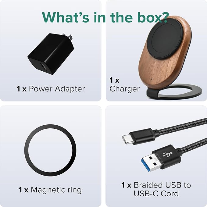 ARK Uno - Solid Wood MagSafe Stand Magnetic Wireless Charging Station w/Adapter & USB to USB C15W Wireless Charger. for iPhone 12-17 & Some Samsung. Home, Office, Kitchen,Best Mens Gifts!